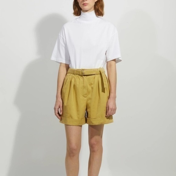 Acne Studios Rowanne Yellow Pleated Cuffed Hem High Waisted Belted Cotton Shorts - Picture 1 of 7